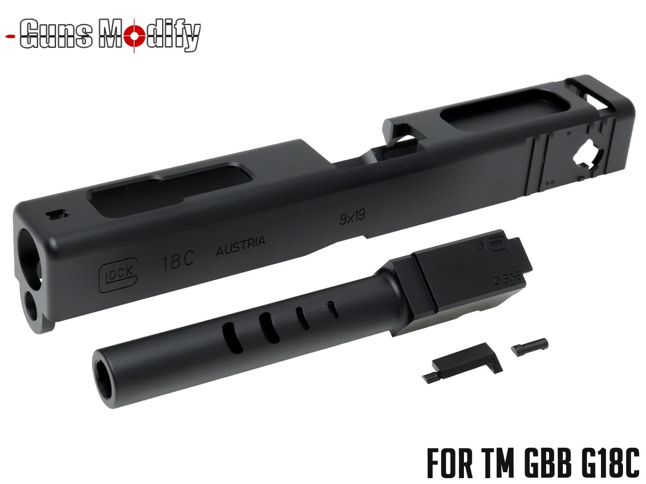 GunsModify G18C CNC アルミスライド&アウターバレルSET 2016Ver 黒◆マルイGLOCK グロック18C ESR315刻印 削り出し アルマイト メタルスライド メタルアウター