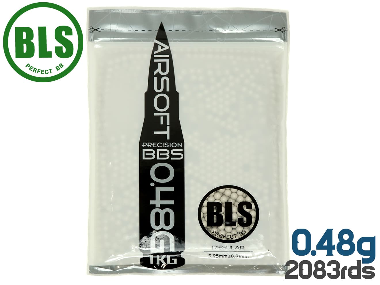 BLS Ultimate Heavy Precision 精密プラスティックBB弾 0.48g 2083発(1kg)◆超重量弾 真球ベアリング仕上げ  高精度5.95mm±0.01