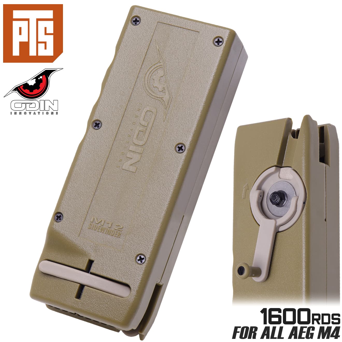 PTS ODIN M12 サイドワインダー スピードローダー 1600Rds◆メーカー品 大容量 1600発 コヨーテ ハンドル BBローダー 給弾 スムーズ 東京マルイ MARUI AEG M4
