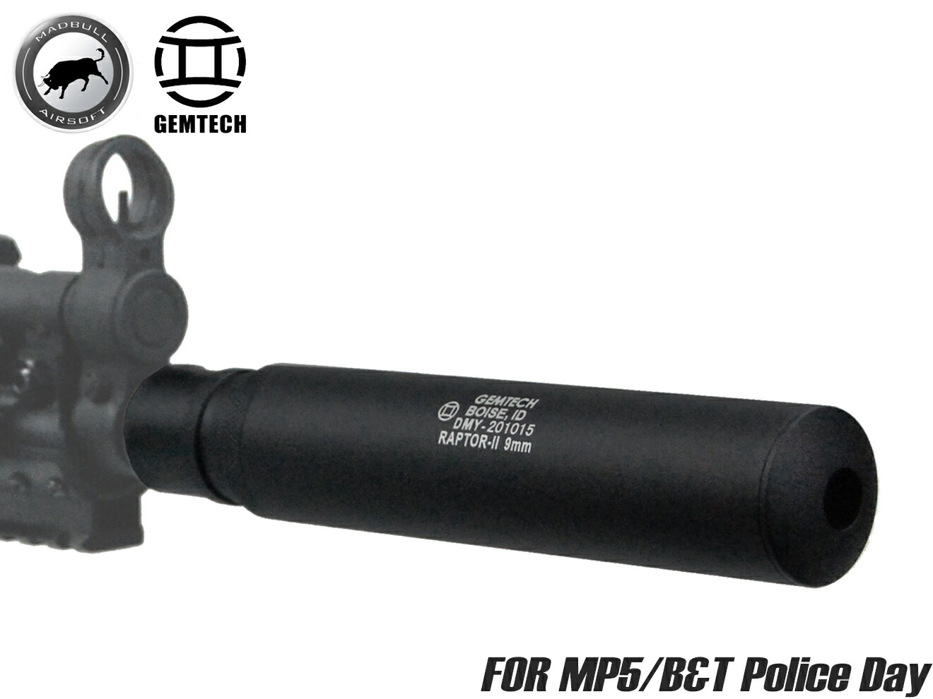 MADBULL AIRSOFT GEMTECH GEMTECH RAPTOR-II サプレッサー for H&Kトライラグアダプター◆リアル フルマーキング モデル ワンタッチ 装着可能 A6061T6アルミ合金|ミリタリーベース
