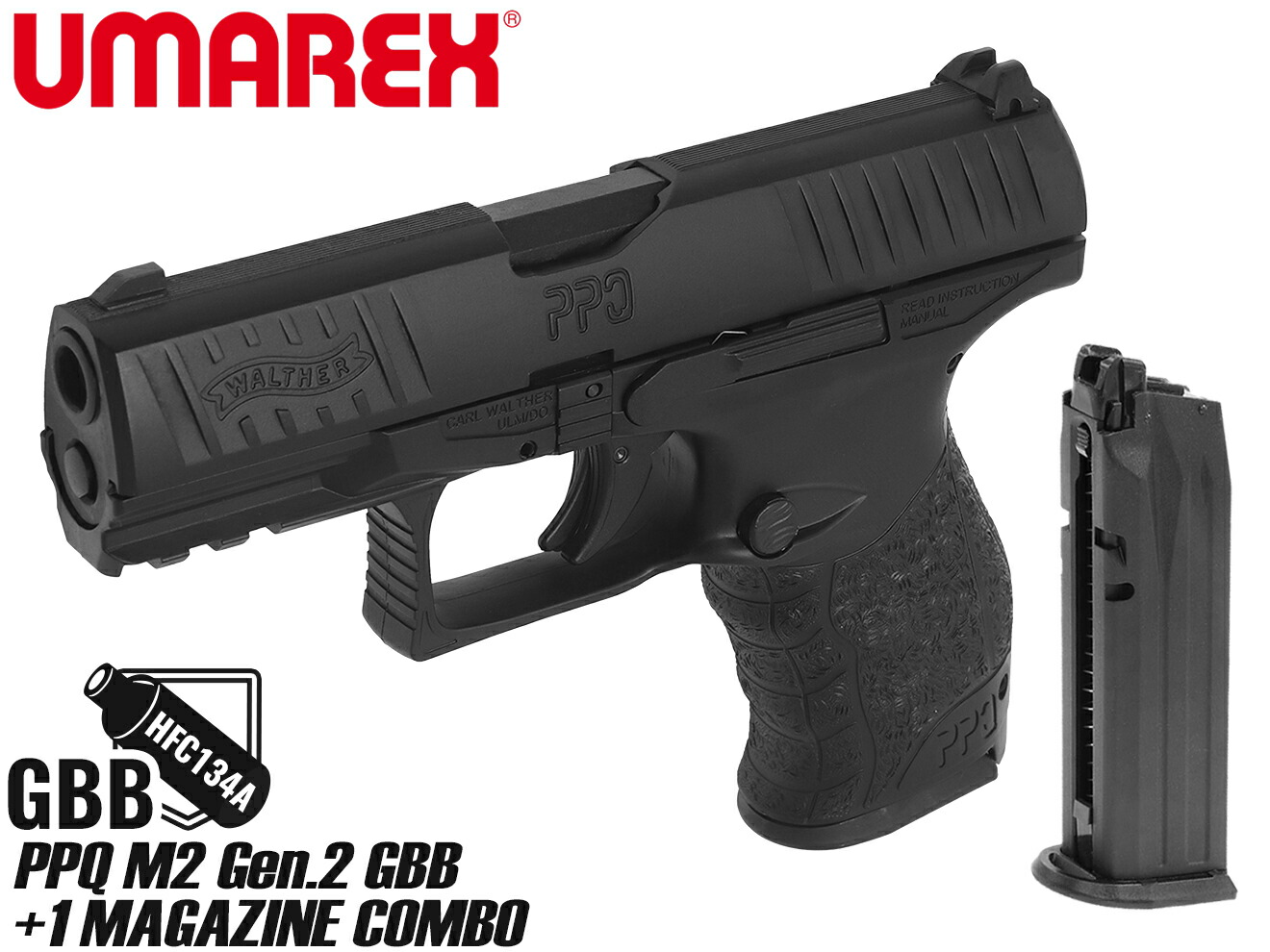 Umarex Walther PPQ M2 Gen.2 GBBハンドガン(BK) +1マガジン Combo◆ガン本体 ガスブロ ブローバック リアル 刻印 特殊部隊 トリガー レバー式 操作性 ワルサー