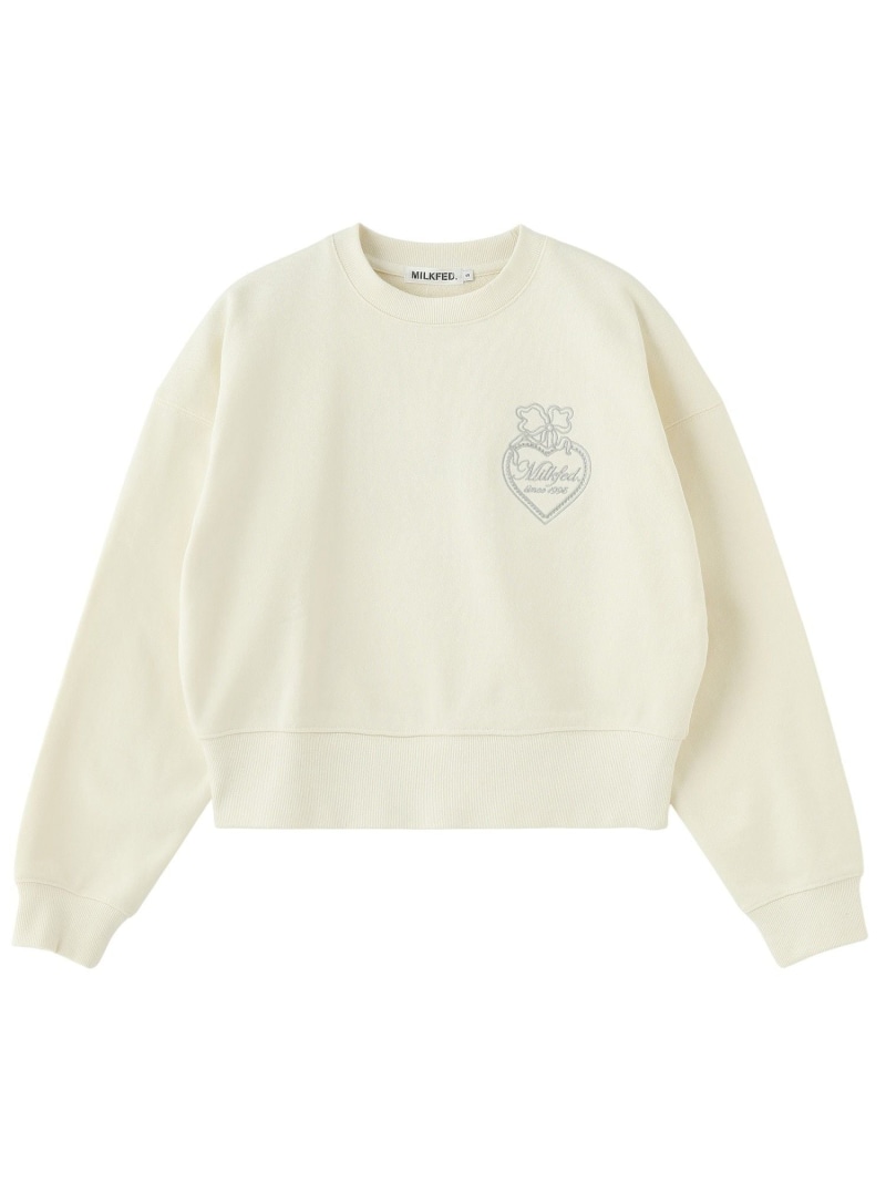 HEART RIBBON EMBLEM SHORT CREW SWEAT MILKFED. ミルクフェド トップス スウェット・トレーナー 白いこと ベージュ 薄墨色【貨物輸送無料】[ Fashion]