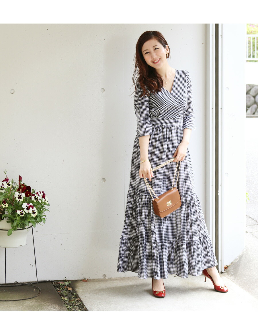 楽天市場 全品p2倍 クーポン 授乳服 ニーナ ギンガムチェックマキシワンピース カシュクールタイプの授乳口 授乳服 ワンピース マキシワンピ ギンガムチェック 授乳服とマタニティ服のmilk Tea