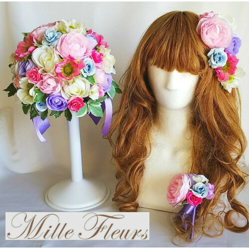 ミルフルールオリジナル ウェディングブーケ 髪飾り ラウンドブーケ ブートニア 点セット アネモネ ピンクパープル 水色 ブライダルブーケ ウェディングブーケ No 117 Smederij Oisterwijk Nl
