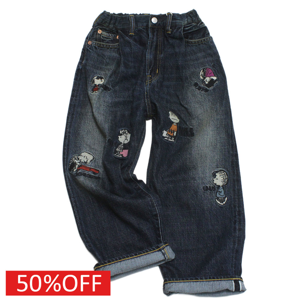 【子ども服/デニムダンガリー/スヌーピーコラボ/DENIM DUNGAREE/ジュニア服】 セール 【40%OFF】 エアリーデニム SNOOPY LPN 4NV紺|子供服ミリバール