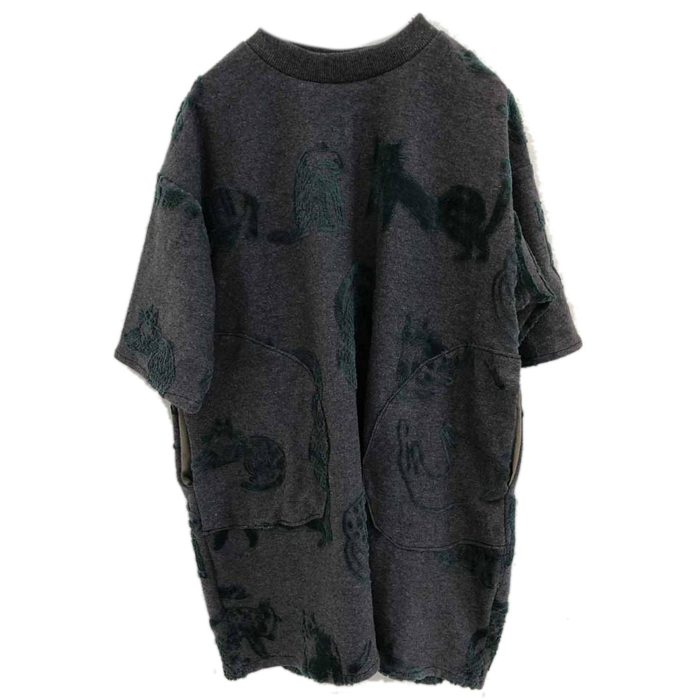 【ニードルワークス/ジュニア服/NEEDLEWORKS】 CATフロッキージャガード天竺BIGワンピース チャコール