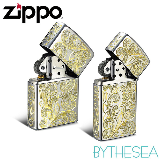 【ペア2個セット】Zippo ライター ペアジッポライター レギュラー&スリム 真鍮 クロムサテーナ クロムメッキ 5面手彫り ハワイアンジュエリー おしゃれ ジッポーライター BY THE SEA バイザシー | カップル 夫婦 誕生日 プレゼント 【品番:FL101C-FL103CP】
