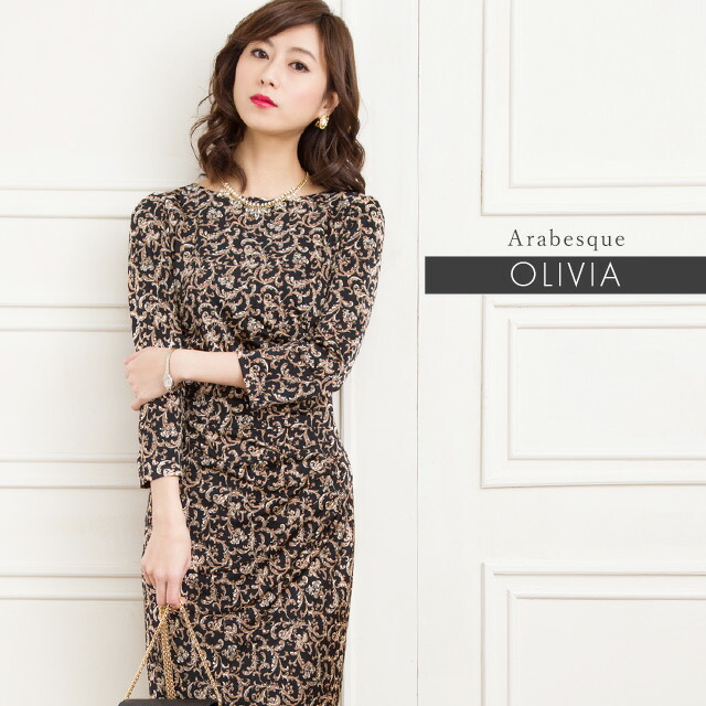 ひざ丈 オフィス 30代 ワンピース 二次会 大きいサイズ オフィスレディースファッション 上品 オフィスで着たい 柔らかなきちんと感漂う幾何学プリント ワンピース 40代 エレガント ストレート アラベスク 大人 フォーマル 着やせ Onepiece オリヴィア ブラック