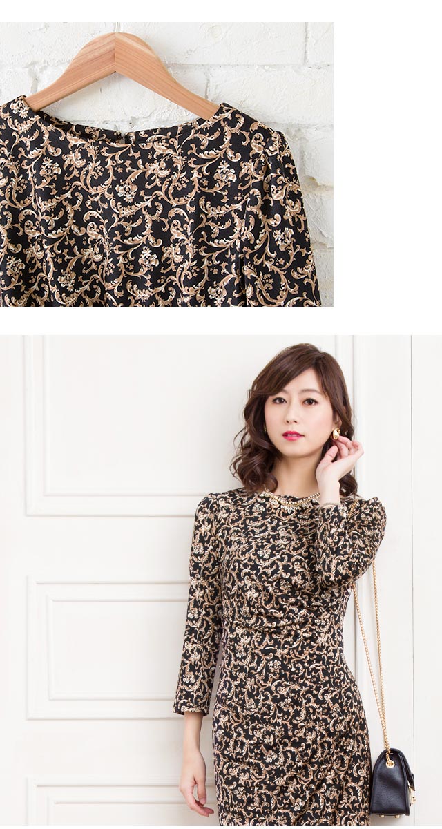 オリヴィア ストレート アラベスク ブラック Op109 0003ジャージー ワンピース 大人 着やせ エレガント 上品 春 秋冬 タイトワンピース トールサイズ 大きいサイズ 七分袖 膝丈 オフィス Chelsesgreenhouse Com