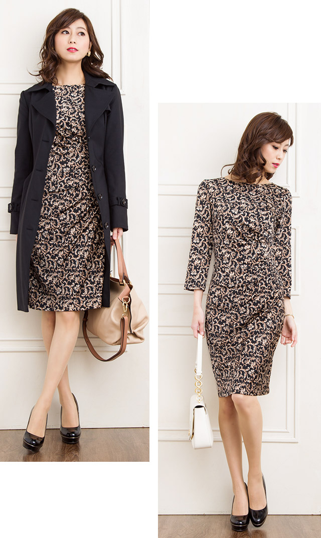 オリヴィア ストレート アラベスク ブラック Op109 0003ジャージー ワンピース 大人 着やせ エレガント 上品 春 秋冬 タイトワンピース トールサイズ 大きいサイズ 七分袖 膝丈 オフィス Chelsesgreenhouse Com