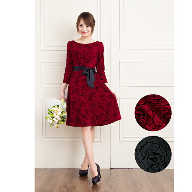 今季ブランド 七分袖 レディース 着やせ 30代 ジャージー ブラック 40代 30代 花柄 ベルベットローズフレアーワンピ 薔薇柄 大人 ランチ 上品 花柄 ワンピース 二次会 パーティー 婚活 アウトレット 返品交換不可 ケリーフレア ベルベットローズ レッド ブラック