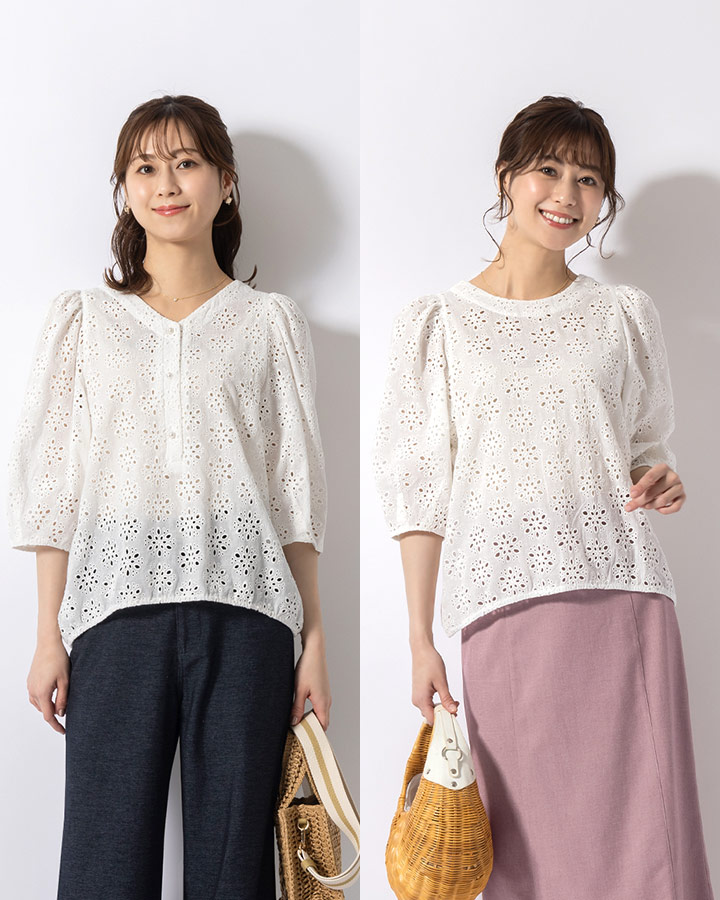 ブラウス ：2WAYブラウス パフスリーブ レース スノーフラワー ◆tp013-0002 レディース きれいめ 30代 40代 50代 着やせ 大人 上品 エレガント ゆったり 大きいサイズ トップス シンプル 2way 涼しい 花柄 フォーマル オフィス カジュアル 半袖 五分袖 春 夏 秋 白 綿100%