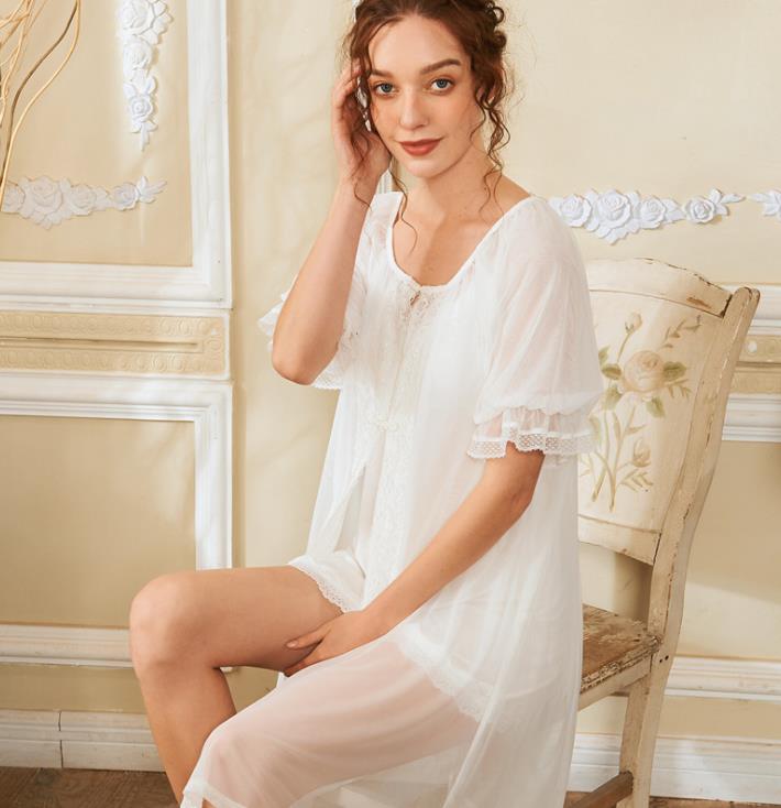 楽天市場 夏新作 ２点セット ワンピース お姫様 宮廷風 パジャマ レディース 部屋着 ルームウェア 姫系 棉 レース 可愛い 快適 寝巻き レディース ミニ丈 膝丈 大きいサイズ 体型カバー ネグリジェ ホワイト Woop Woop First Store