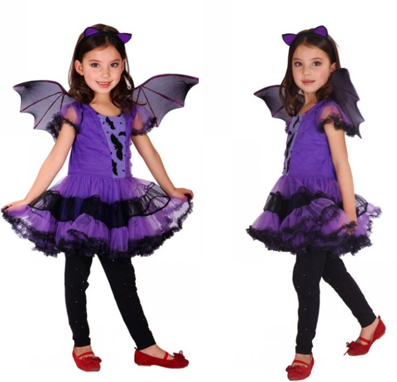 M/L/XL/3点セット/女の子/子供 祭り衣装　ハロワイン　カボチャ　魔女 ウィッチ 悪魔 小悪魔　コスプレ　仮装 　女の子　ワンピース 子ども　キッズダンス　演出　発表会　コウモリ 動物　ワンピース＋翼＋髪飾り画像