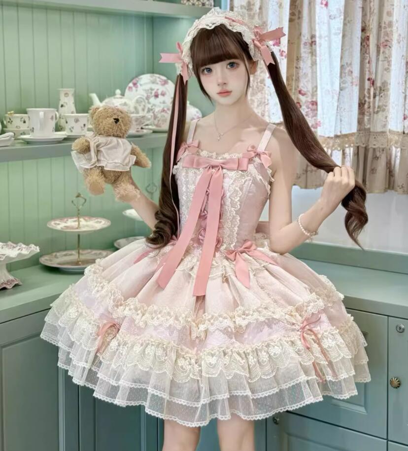 LOLITA ロリータ /可愛いリボン/ワンピース　JSK OP ゴスロリ コスプレ メイド服 コスチューム 文化祭 学園祭 衣装 仮装 ハロウィン おすすめ 可愛い 日常　写真　舞台　花嫁　洋服　ハロウィーン　人形ドレス ティアードスカート バレエ　ハロウィーン Halloween