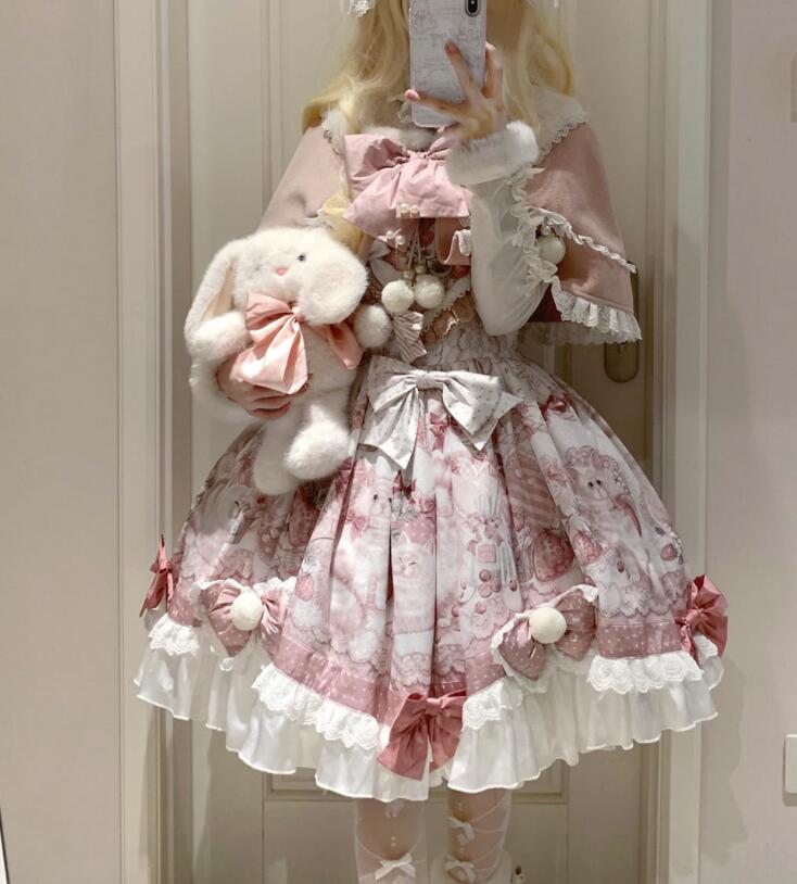 マント付く/2点セット/ピンク/桜/LOLITA ロリータ ゴスロリ コスプレ ワンピース　メイド服 コスチューム 文化祭 学園祭 衣装 仮装 ハロウィン　可愛い ドレス　日常　写真　舞台　花嫁　洋服　新販　ハロウィーン　op　コスプレ　アニメ仮装　姫様ドレス