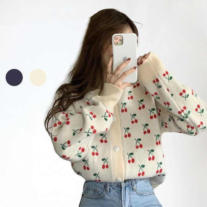 新品さくらんぼ柄　ショート丈カーディガン　白 #M さくらんぼ（カーディガン・ボレロ｜トップス）：レディース