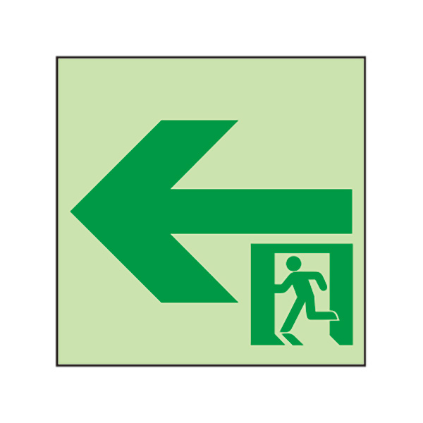 高輝度蓄光式誘導標識　「←□」　通路誘導標識　アルミ基材　サイズ：120×120×4.2mm　標識区分：S200級・S100級・S50級【表示板/消防標識/高輝度通路】