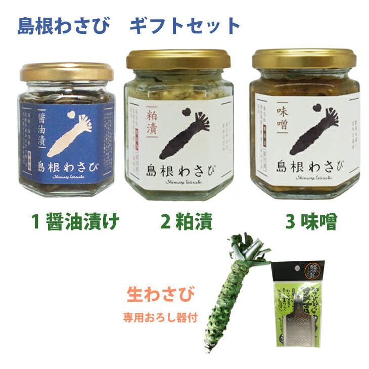 【ポイント2倍】島根わさび ギフトセットC (わさび醤油漬、わさび粕漬、わさび味噌、生ワサビ、おろし器） 約2年じっくり育てたワサビ使用 フロンティア日原 ギフト のし対応可