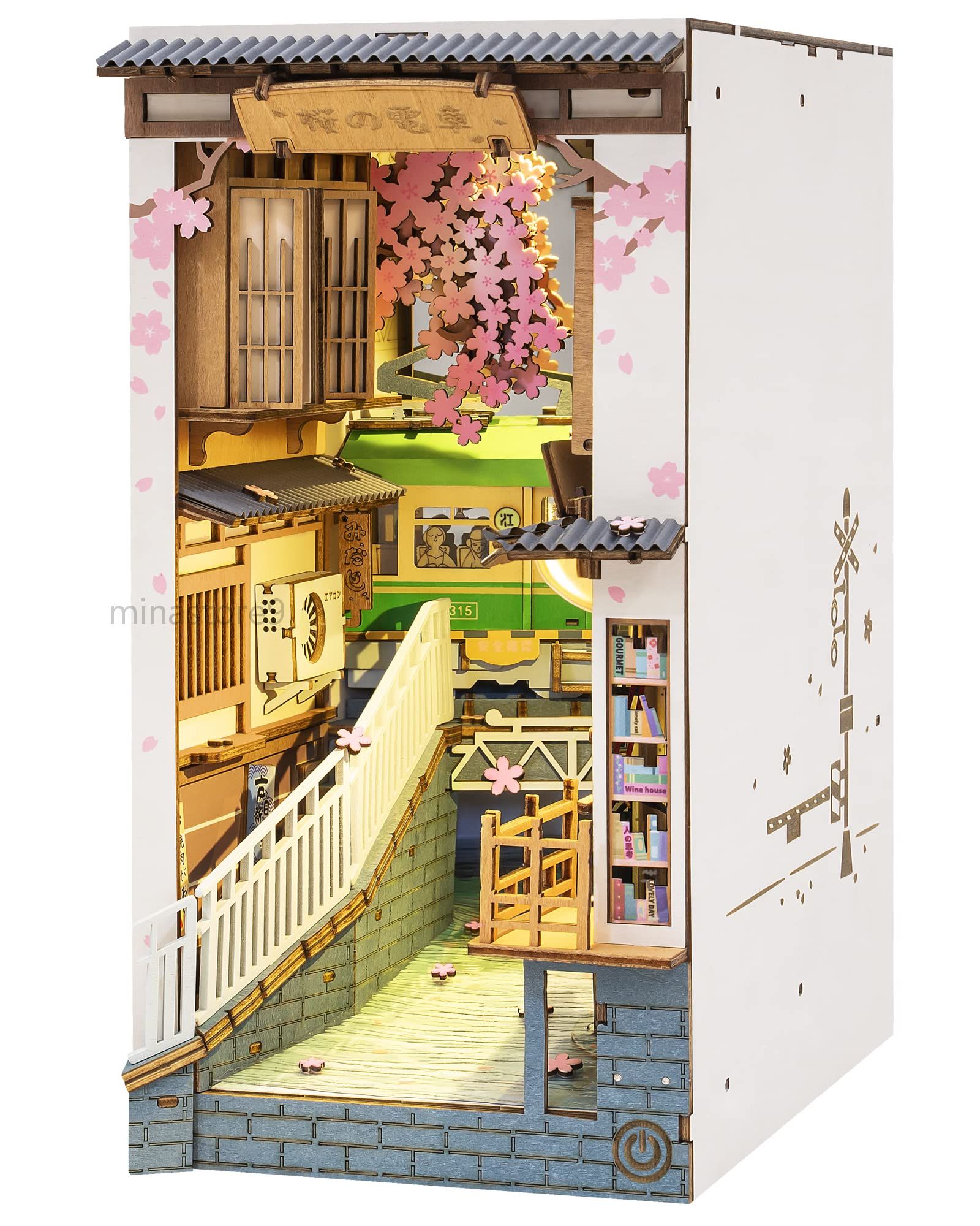3D ウッドパズル 木製 ブックヌークキット ブックスタンド ライト付き ミニチュアハウスキット クリスマス 誕生日プレゼント (桜の電車)