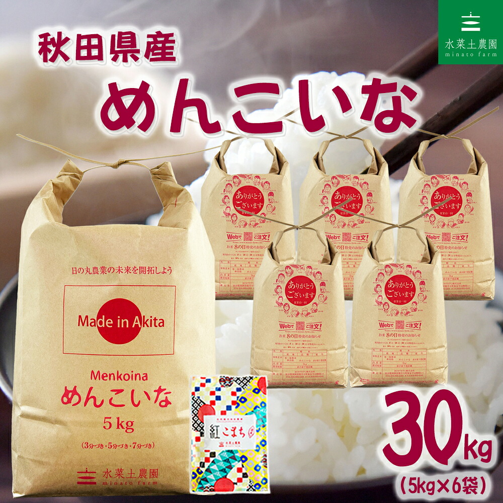 秋田県産 めんこいな 精米 30kg（5kg&times;6袋）令和7年産 古代米お試し袋付き｜水菜土農園