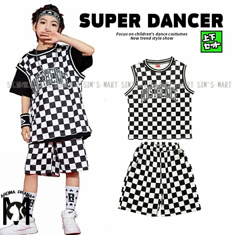 キッズダンス衣装 セットアップ ヒップホップ ファッション ダンス衣装 男の子 ガールズ 派手 バスケタンク パンツ ユニフォーム K-POP 韓国 フラッグチェック 白黒
