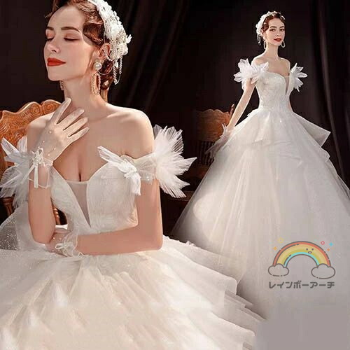 ウェディングドレス オフショルダー 花嫁ドレス プレンセンスドレス 結婚式 二次会 演奏会 披露宴 ロングドレス 発表会 コンサート 大きいサイズ 小さいサイズ フォーマル 前撮り リゾート パーティードレス 海外挙式 ピアノ エレガント プリンセスライン 編み上げ｜MIND FIT