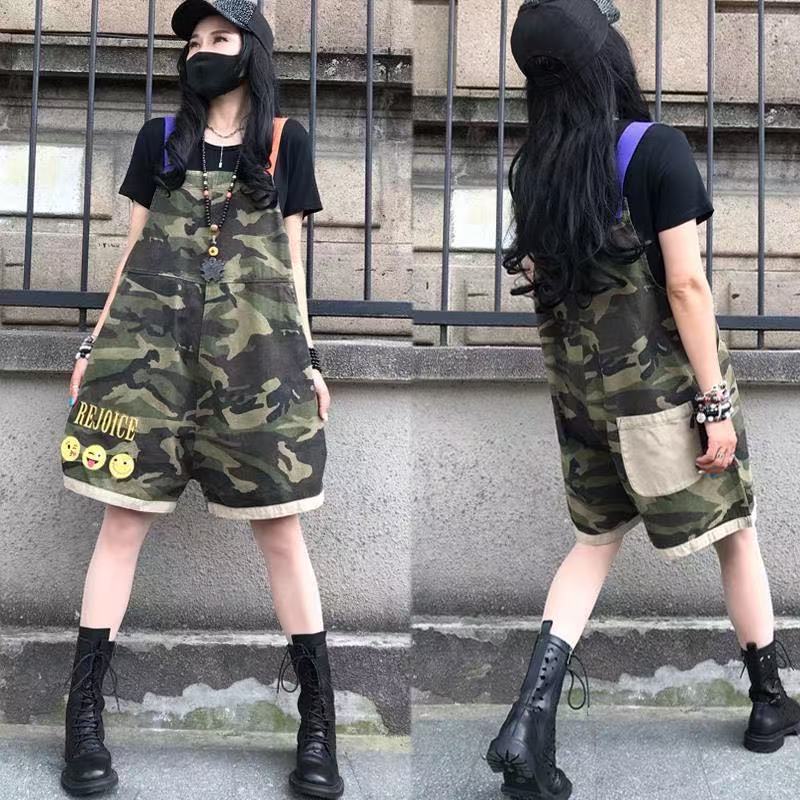 オーバーオール レディース 夏 迷彩柄 五分丈 カジュアル 可愛い 迷彩 柄物 レディースオーバーオール ショート丈 ショートオーバーオール サロペット デニムサロペット デニムオーバーオール レディースデニム 体型カバー ゆったり かわいい お洒落 SLTD038(M-2XL)