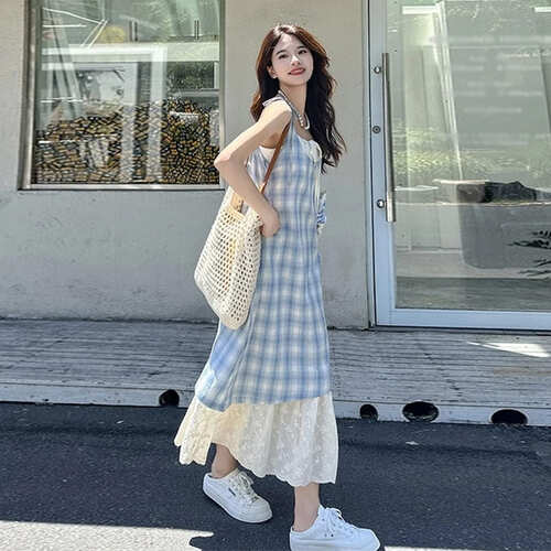 楽天市場】レディース ギンガムチェック ロング ワンピース ストラップ