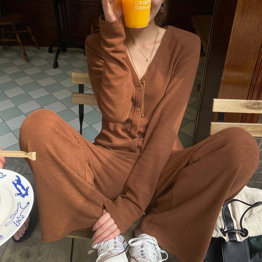 2color レディース セットアップ 上下セット トップス パンツ カーディガン フレアパンツ ロングパンツ 無地 袖あり 長袖 薄手 スリム