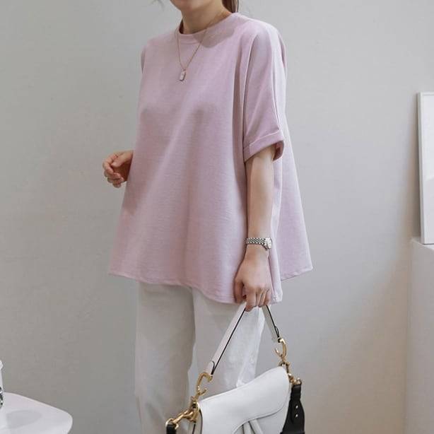 3color レディース トップス カットソー 半袖カットソー プルオーバー 袖口ロールアップ 裾フレア ゆったり 無地 袖あり 半袖 ラウンドネック エレガント 大人カジュアル カジュアル シンプル フェミニン ピンク ホワイト ブラック お洒落 春夏 春 夏 秋 ママ ママコーデ