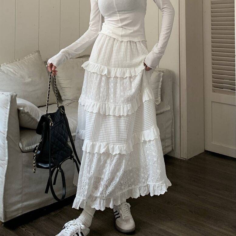 楽天市場】 ホワイト フリルスカート aライン ロングスカート