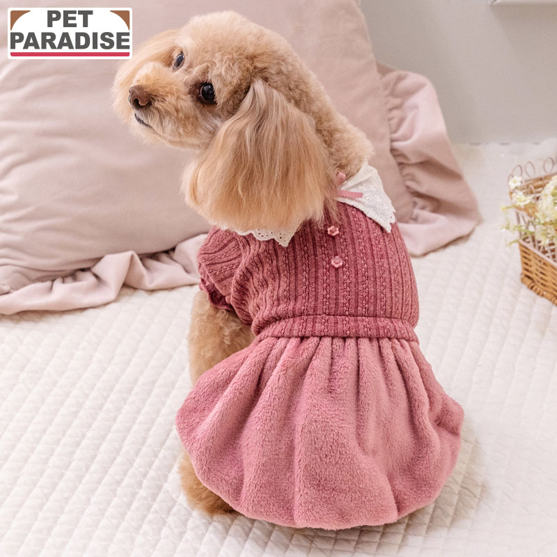 犬 服 冬 レース 襟 ワンピース 小型犬 | ニット 風 ボア ブランド カジュアル おしゃれ かわいい ピンク
