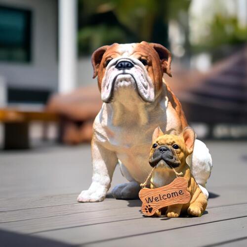 WOOBIA　ブルドッグ＆ミニフレブル　 2つセット　置物　かわいい置物　犬の置物　 大きい犬　小さい犬　ウェルカムボード お庭や玄関に飾るとgood！ 本物のような置物　welcomeボード