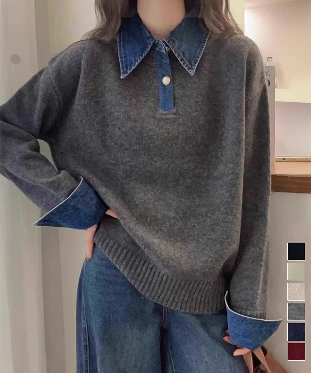 デニム切り替え レイヤード風ニットポロ襟 異素材ドッキングニットトップス 重ね着風 デニム衿ニットプルオーバー レディース おしゃれ 大人カジュアルニット 着やせ miniministore 92MRJFS-009