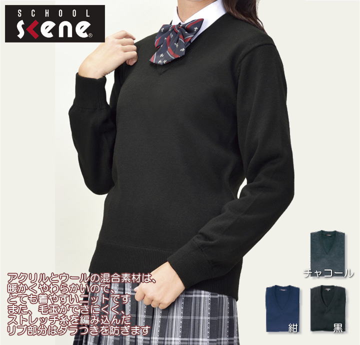 Ｖネックセーター ウール混 男女兼用スクールニット スクールセーター スクールニット SCHOOL scene スクールシーン 制服 学生 ニット 通学 中学生制服 高校生制服
