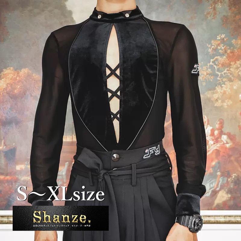 【美品 社交ダンス衣装】ブラック シャツ ブラウス 黒 レース ベロア メンズ 美品 社交ダンス衣装】ブラック シャツ ブラウス 黒 レース