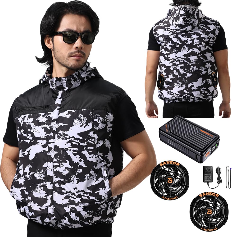 [mobason] 2026革新的な作品 53Vファン付きベスト 46500mAhバッテリー付き 空調付き作業服 UPF 50+紫外線防止 最大14時間連続稼働 7段階風量調節 2種類モード搭載 帽子取り外し可能 PSE認証済 日本語｜みんなのマーケット
