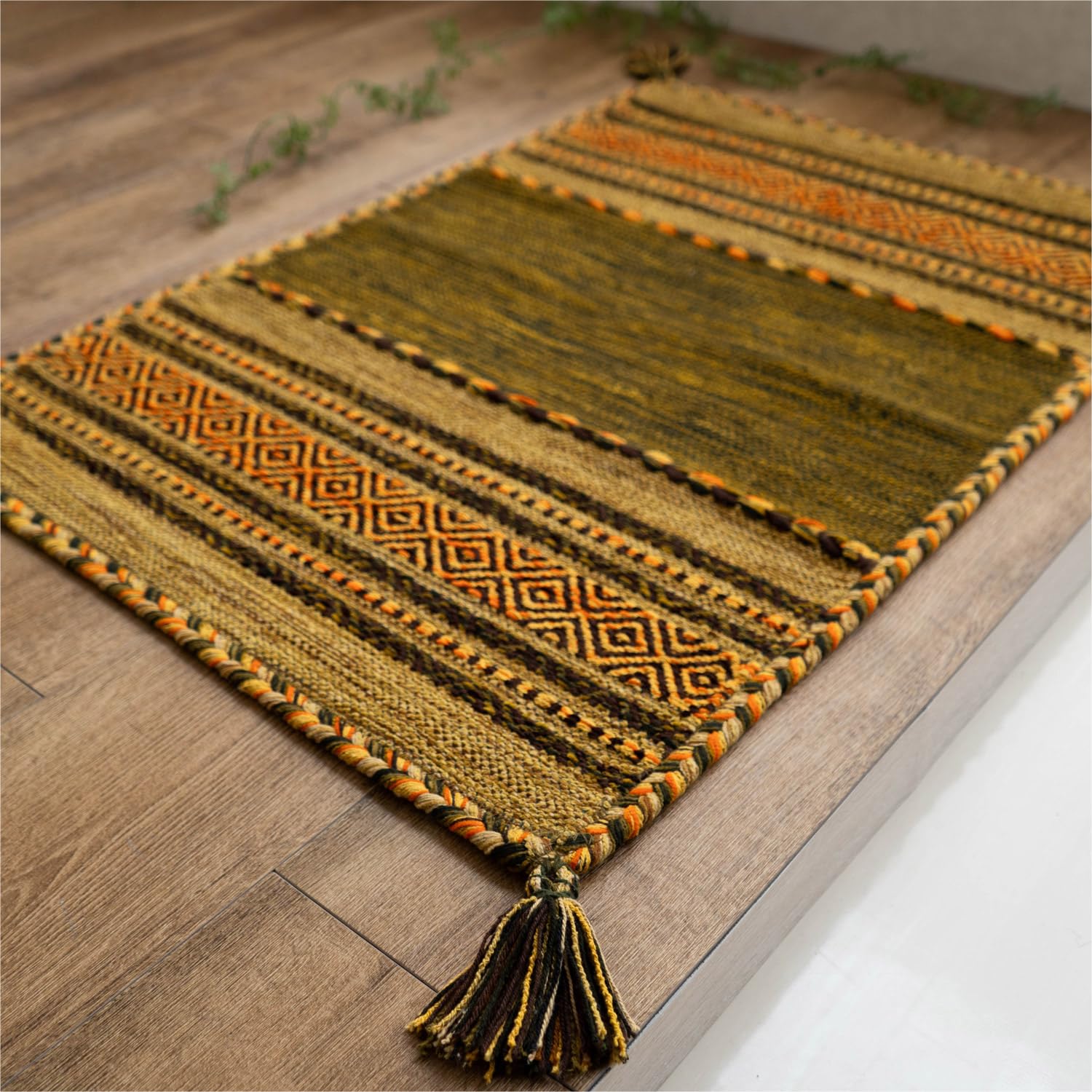 部屋の入り口引っ敷き 室内 屋内 70x120珊 バーラット綿 キリム柄 アジアン 今めかしい 引っ敷き 引っ敷き 綿100% 生まれながら原料品 手織り風 緑であること