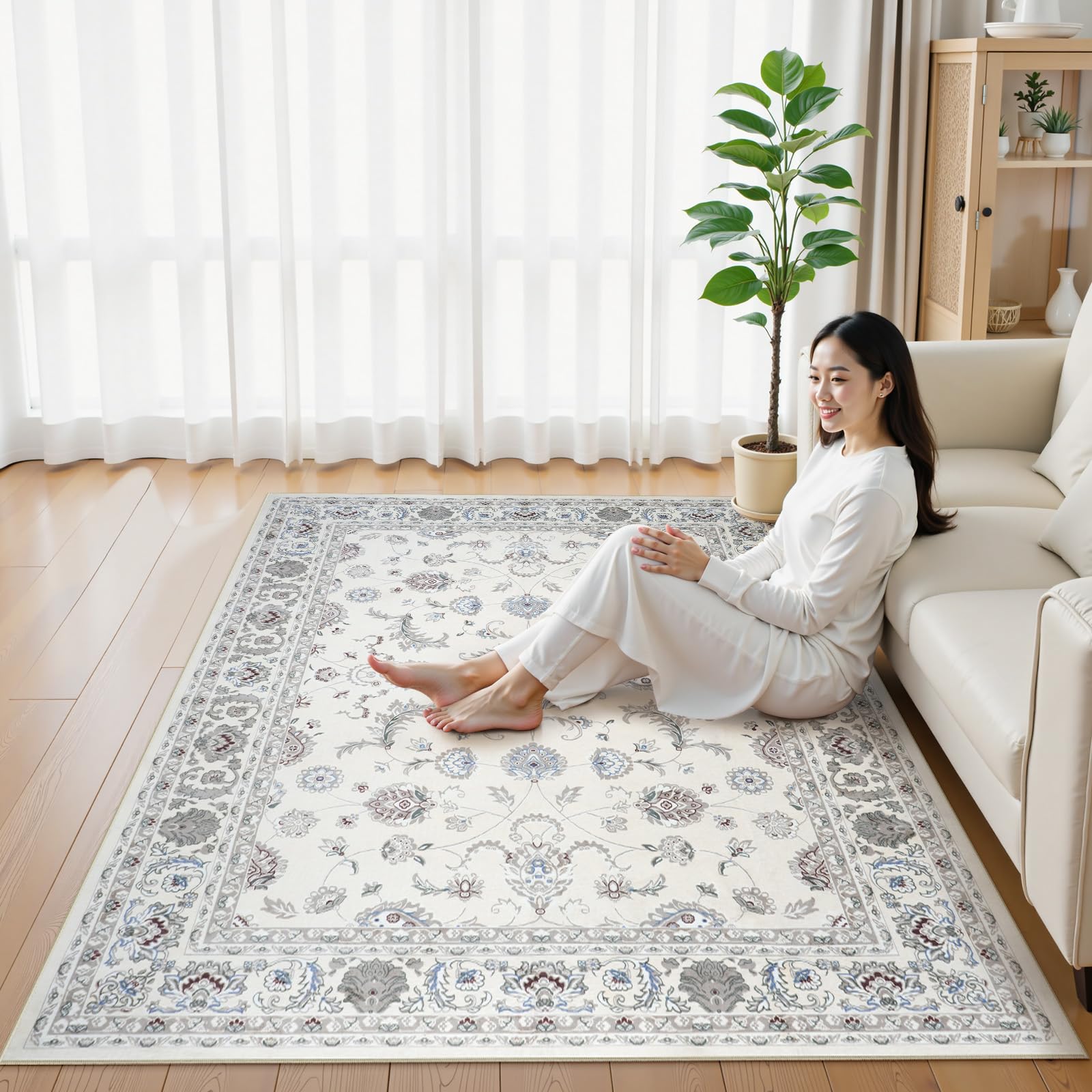 引っ敷き 200×300糎 4畳 引っ敷き 洗える 上滑り御仕舞い付 熱っぽい引っ敷き相応う 防音 抗菌防臭 花柄 イラン風 軽さ 耐磨耗 オール陽気 リビング 夕御飯 象牙色 インテリア・寝具・収納-カーペット・ラグ