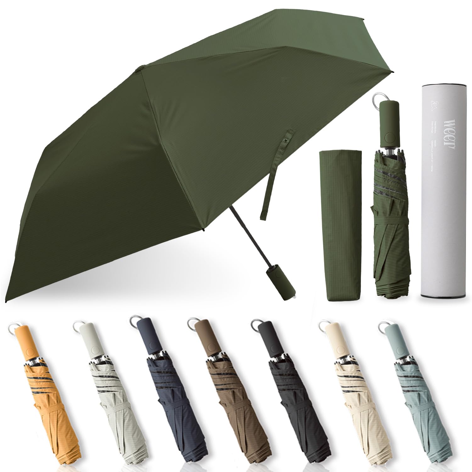 折りたたみ傘 自動小銃開閉 日がさ 晴雨兼用 軽さ 約185g UVとり捨てる100% 50糎 思わしい 炭素親骨 パウダーコンパクト ワンタッチ メンズ レディース カーキ
