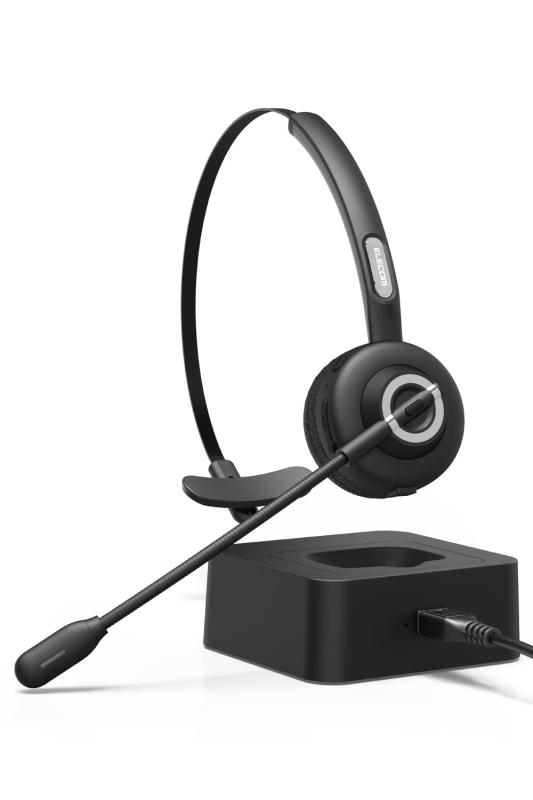 エレコム(ELECOM) ヘッドセット Bluetooth 5.2 ワイヤレス 充電スタンド付き 最大19時間通話 無線 マイク付き ヘッドホン 単一指向性 ボタン操作 2台同時接続 ブラック LBT-HSOH14BK