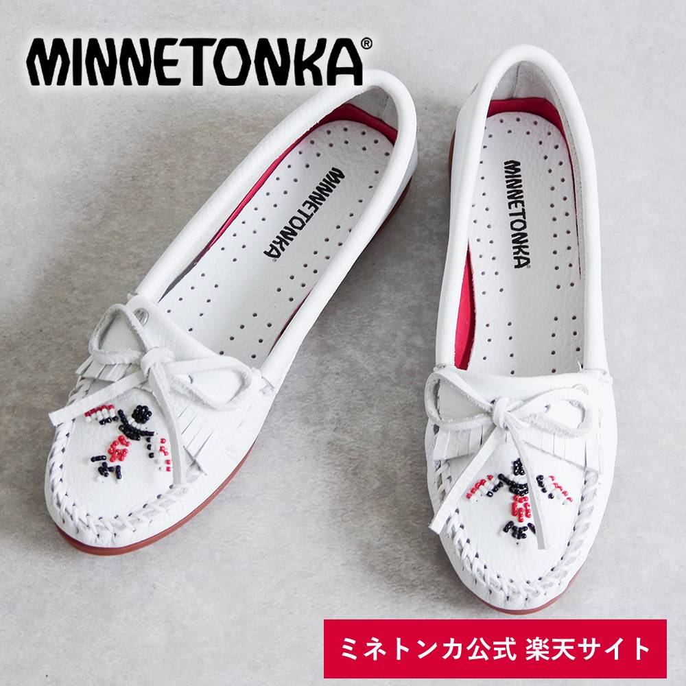 【ミネトンカ 公式】MINNETONKA THUNDERBIRD ANIMIKII サンダーバード 【604TB】モカシン ビーズ ビーズ刺繍 スエード ビジュー フラット レディース ホワイト画像