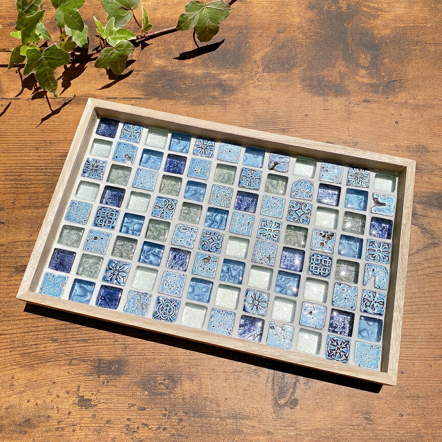 市場 タイルの木製プレートカフェ ビーチ カフェトレイ おぼん お盆 青 おしゃれ ミニトレー 海 かわいい 木製 トレー ブルー タイル 夏 トレイ