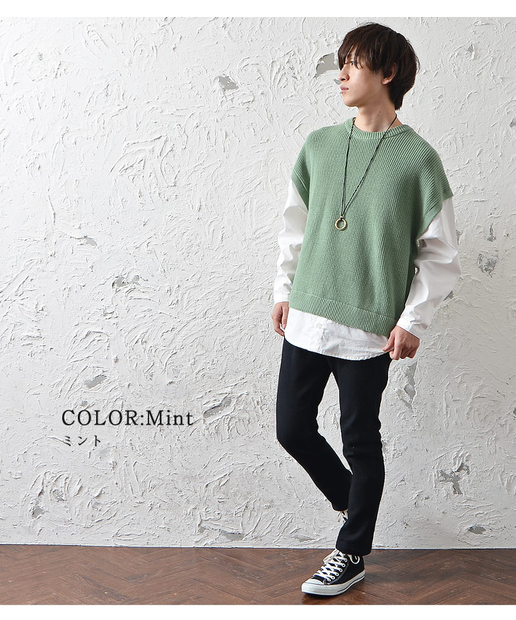 楽天市場 ニット ベスト メンズ シャツ メンズ ニット メンズ オーバーサイズ セーター メンズ 大きいサイズ ビッグシルエット ニット メンズ 重ね着風 ニット シャツ ニット 重ね着風 レイヤード シャツ レイヤードニット 無地 韓国 ファッション 春服 春 春夏 メンズ