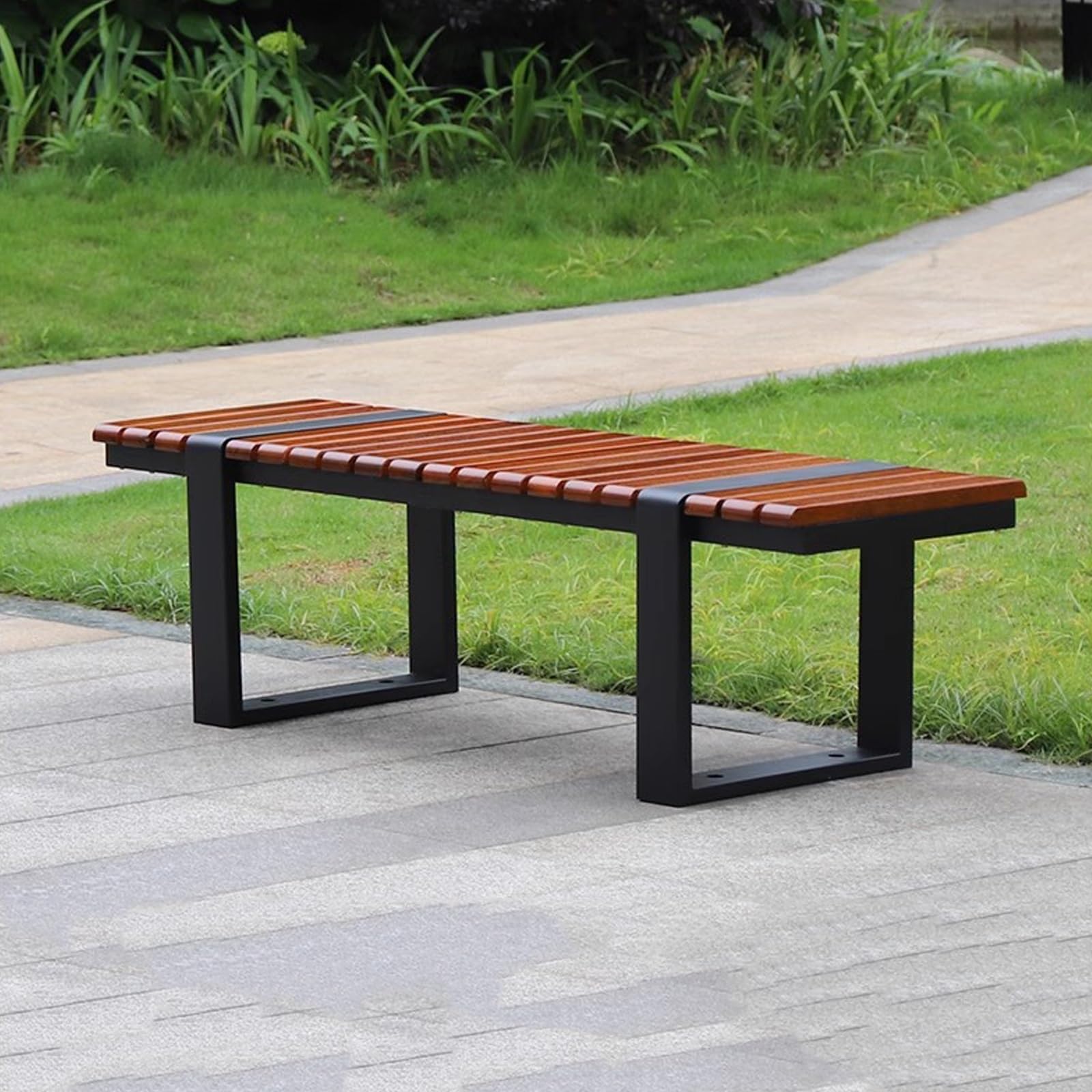 屋外ベンチ ガーデンベンチ ステンレススチールラックと無垢材スラットデザイン 庭 ポーチ 公園用 (58.2インチ/148cm)(Brown)