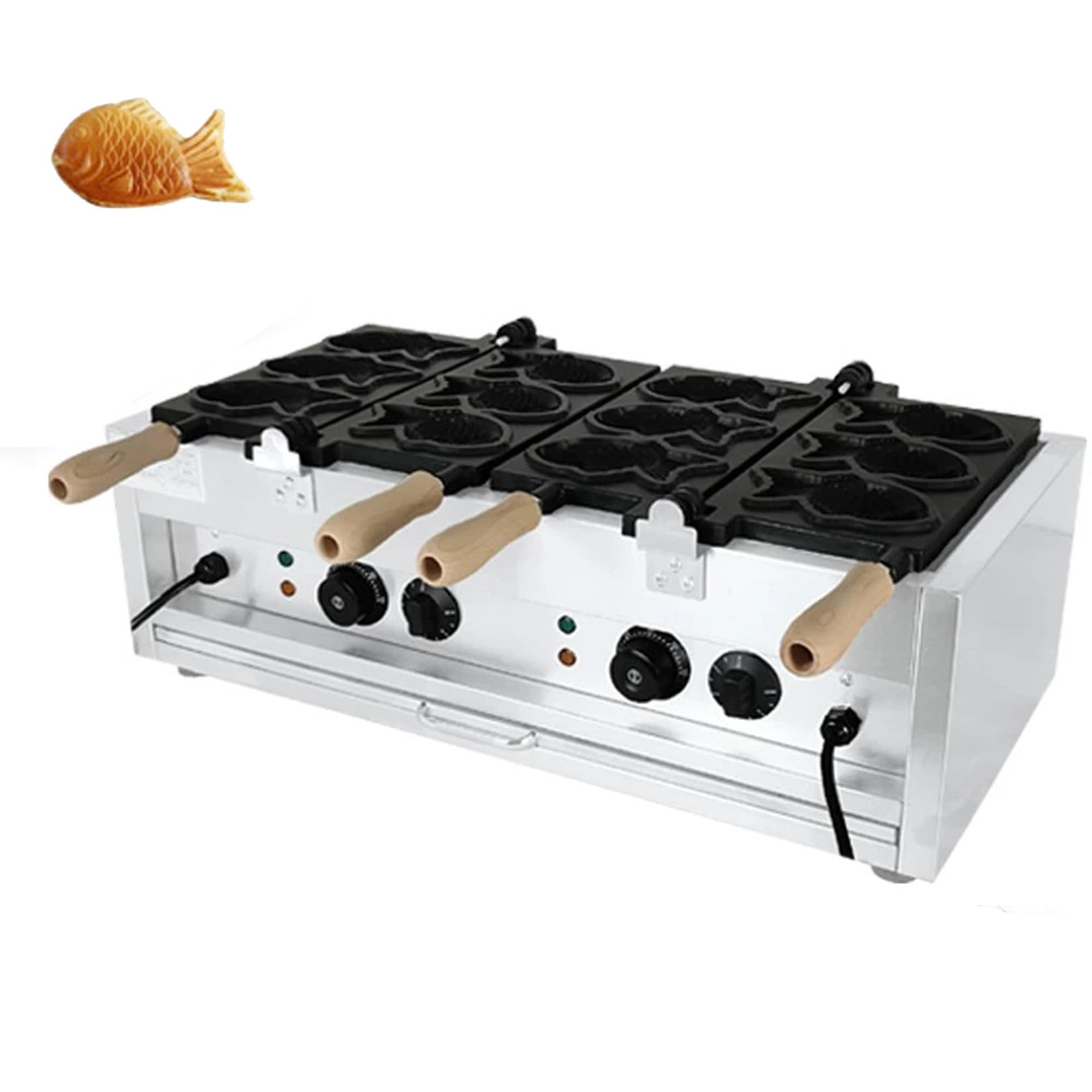 たい焼き器 鯛焼きメーカー 電動鯛焼き機 電気たい焼き機 電気加熱たい焼き焙煎機 電気加熱鯛型ベーキングマシン 6枚焼き重ね合わせ式 時間・温度制御機能付き 取り外し可能な受け皿 2800w 110V|雑貨屋 mint