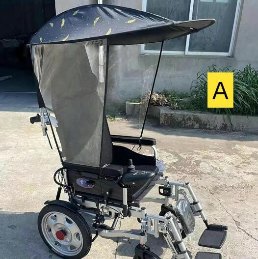 電動車いす用 日おおい・レインカバー 車椅子日よけ 防塵 雨合羽 高さ合わせる能力のある UV抵抗力 暑さ打つ手 晴雨兼用 通じる型 全ての車いすに相応う 折りたたみ キャノピー傘照明ランプ 日焼押しとどめると通気性 手持ち部分なし車いす