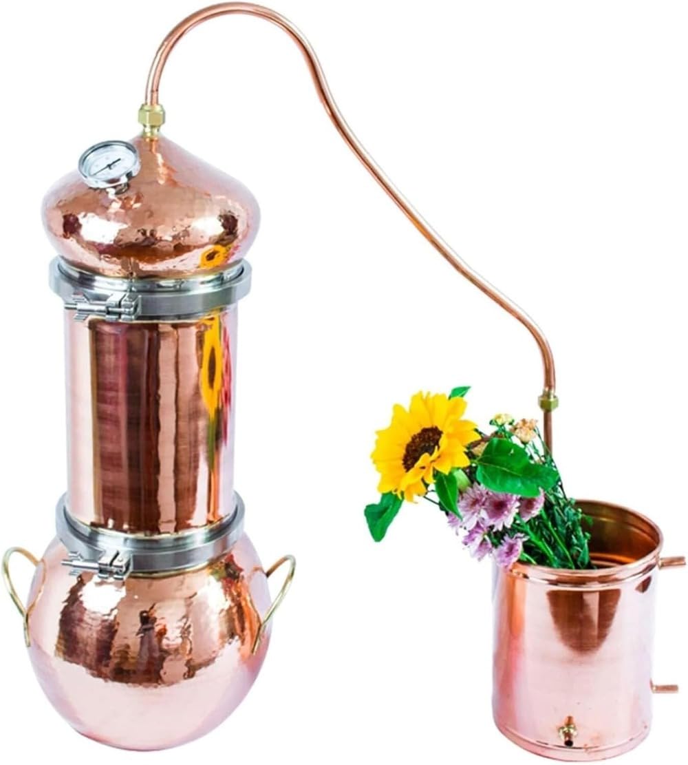 純銅密造酒蒸留器 蒸留水 発酵器 酒かん器 自家醸造 蒸留器5L 冷却チューブと 温度計 DIY キット付き 銅製蒸留器 生花 純露 ウイスキー 紫銅蒸留釜 家庭用 研究用 小型 古法精油蒸留設備 ワイン醸造設備 5L