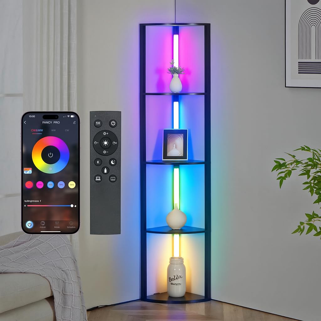 64インチ コーナーシェルフ フロアランプ リビングルーム用 調光機能付き LEDキュリオキャビネット スタンディングランプ ディスプレイシェルフ付き 背の高いフロアランプ 頑丈なコーナーディスプレイキャビネット - ファンシーエッジ ブラック｜雑貨屋 mint